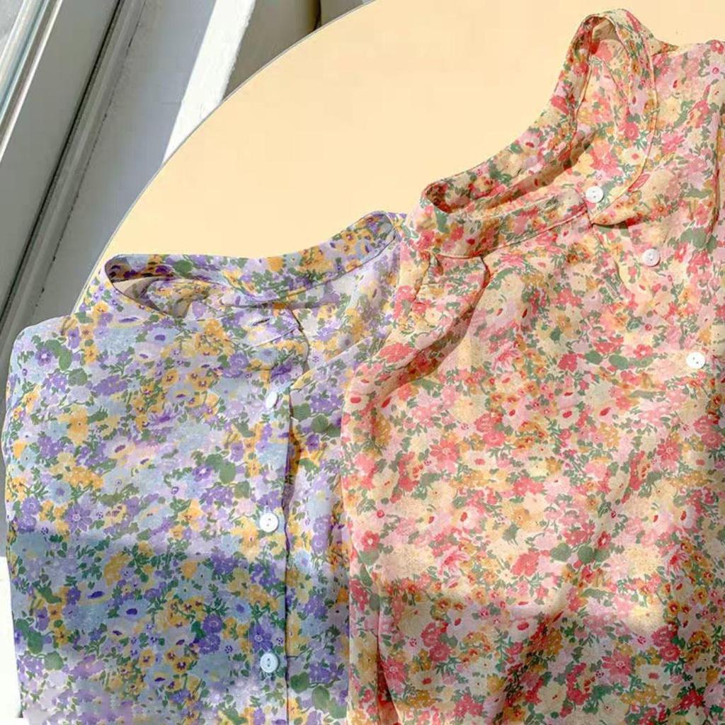 Qooth Women Floral Chiffon Long Sleeve Shirt Elegant Korean Style Spring Printed Sweet Blouse QT1927