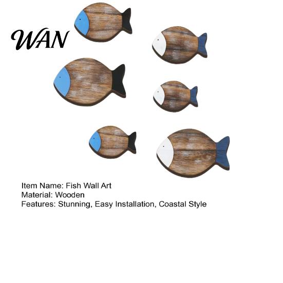 Solid Wood Fish Art 6 Pcs Wooden Wall Decor Nautical Coastal Eco-friendly Rustic Beach Ocean Lake House Hanging Ornament for Bathroom Bedroom Natural