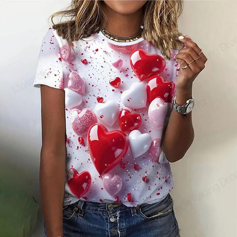 Футболка с 3D-принтом Love Heart, женская модная футболка, летняя повседневная футболка с круглым вырезом и графическим принтом, Harajuku, свободный топ, футболка ко Дню святого Валентина