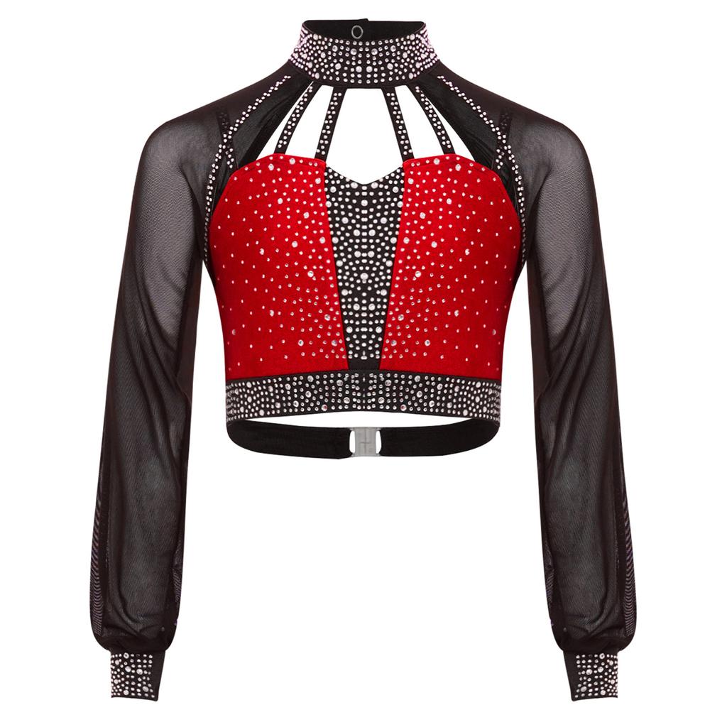 Топ для танцевальных выступлений для девочек, дизайн колор-блок, воротник-стойка, прозрачные сетчатые рукава, вырез на спине, укороченный топ со стразами