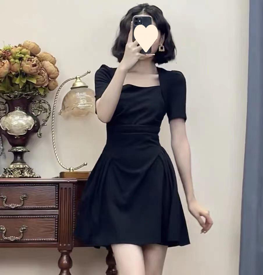 Летнее черное сладкое и пикантное платье большого размера грушевидной формы с квадратным воротником для женщин