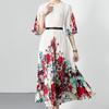 Spring Autumn Women Elegant Rose Print Loose Party Runway Pleated Dress Half Sleeve Long Holiday Seaside Robe