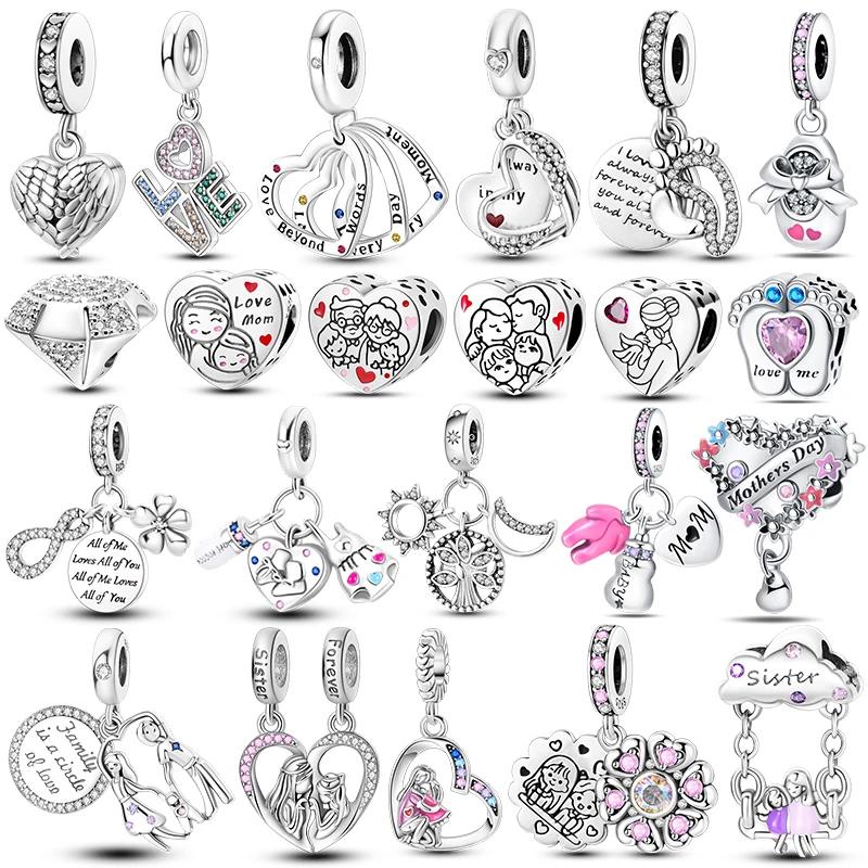 925 Sterling Silver Heart & Mum Dangle Dream Catcher Charm Fit 4MM hole diamete Bracelet DIY Jewelry For Women Bracelet Beads