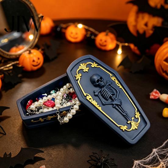 Creative Skull Relief Box Gothic Casket Jewelry Box, Resin Spooky Storage Figurine for Desktop Sundries Organizer Rings, Halloween Dark Tabletop