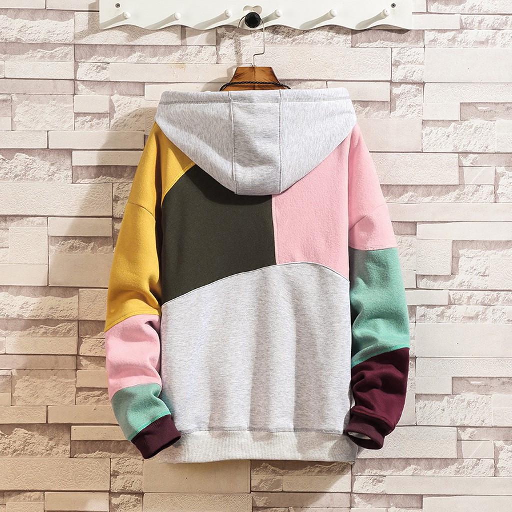 Модная мужская повседневная однотонная лоскутная толстовка с капюшоном