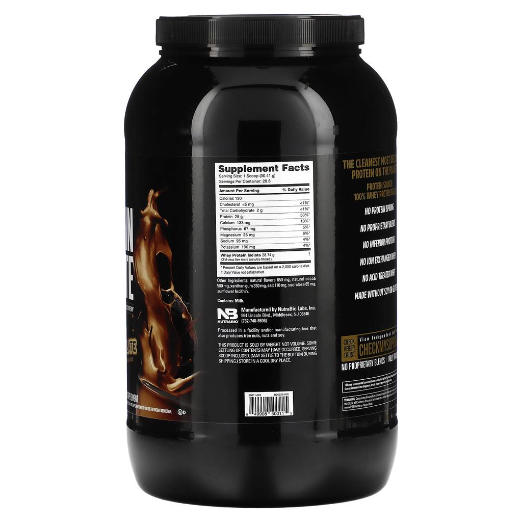 NutraBio 100% Whey Protein Isolate, Dutch Chocolate, 2 Lbs (907 G)