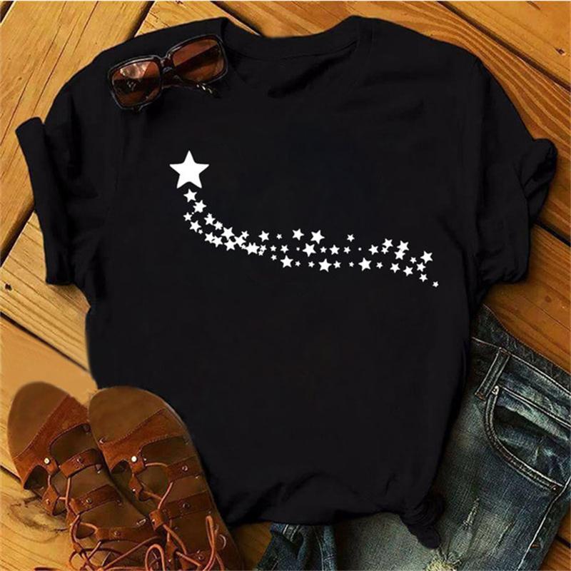 Maycaur Woman Star Moon Print Harajuku Летние футболки Повседневная футболка с круглым вырезом и коротким рукавом Женская черная футболка Прямая поставка