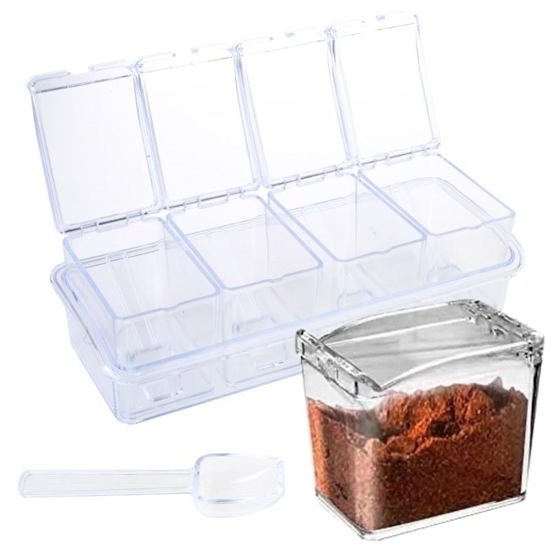 Convenient Seasoning Container 4 Compartment Condiment Storage Box Transparent Spices Container Organization Tool