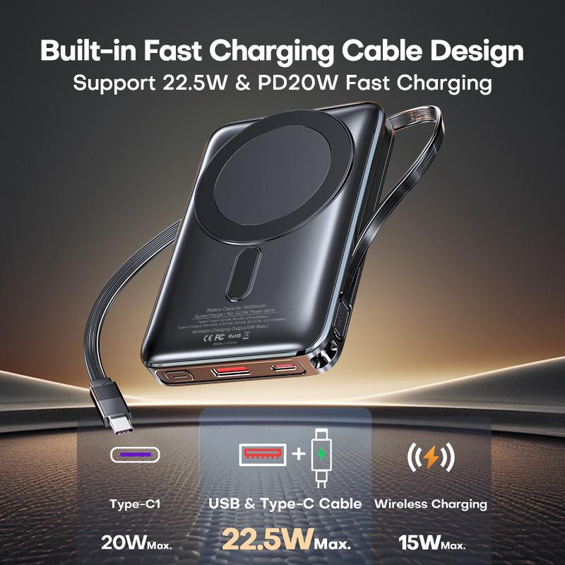 TUODES Магнитный повербанк 22,5 Вт 10000 мАч Беспроводная быстрая зарядка 15 Вт Складная подставка Внешний аккумулятор для iPhone 16 15 Для Magsafe
