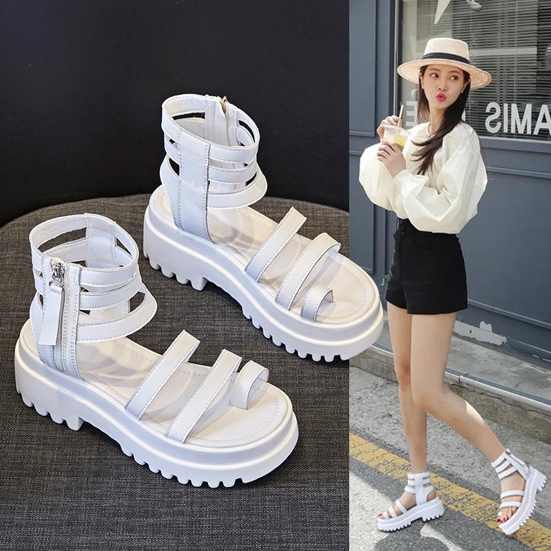 2024 лето новые толстые подошвы дышащие нескользящие боковые молнии показывают высоту римские туфли полые универсальные студенческие женские сандалии
