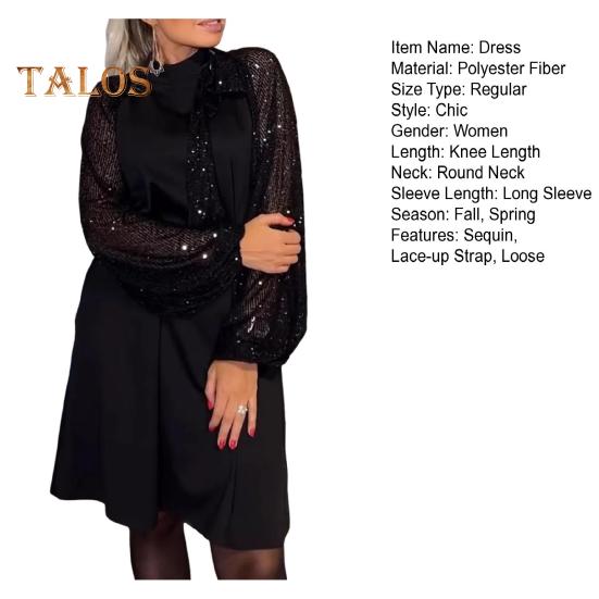 Lady Evening Dress Lace-up Strap Sequin Patchwork Long Lantern Sleeves Round Neck Spring Auutmn Midi Dress Loose Prom Party Dress