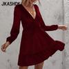 Women's Fashion Spring Autumn Solid Color Print Long Sleeve V-Neck High Waist Casual Dresses Cocktail & Evening Dresses