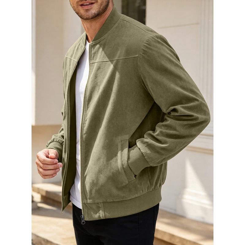 Men's Suede Solid Zip Stand Collar Casual Sports Jacket Stretch Top.