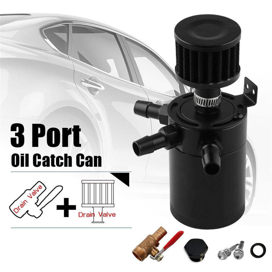 3-Port Oil Reservoir Catch Can Tank with Drain Valve & Breather Filter Universal