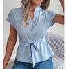 Women's Loose Casual Solid Color Button Drawstring Short Sleeved Shirt Top Short Sleeved Shirt Top
