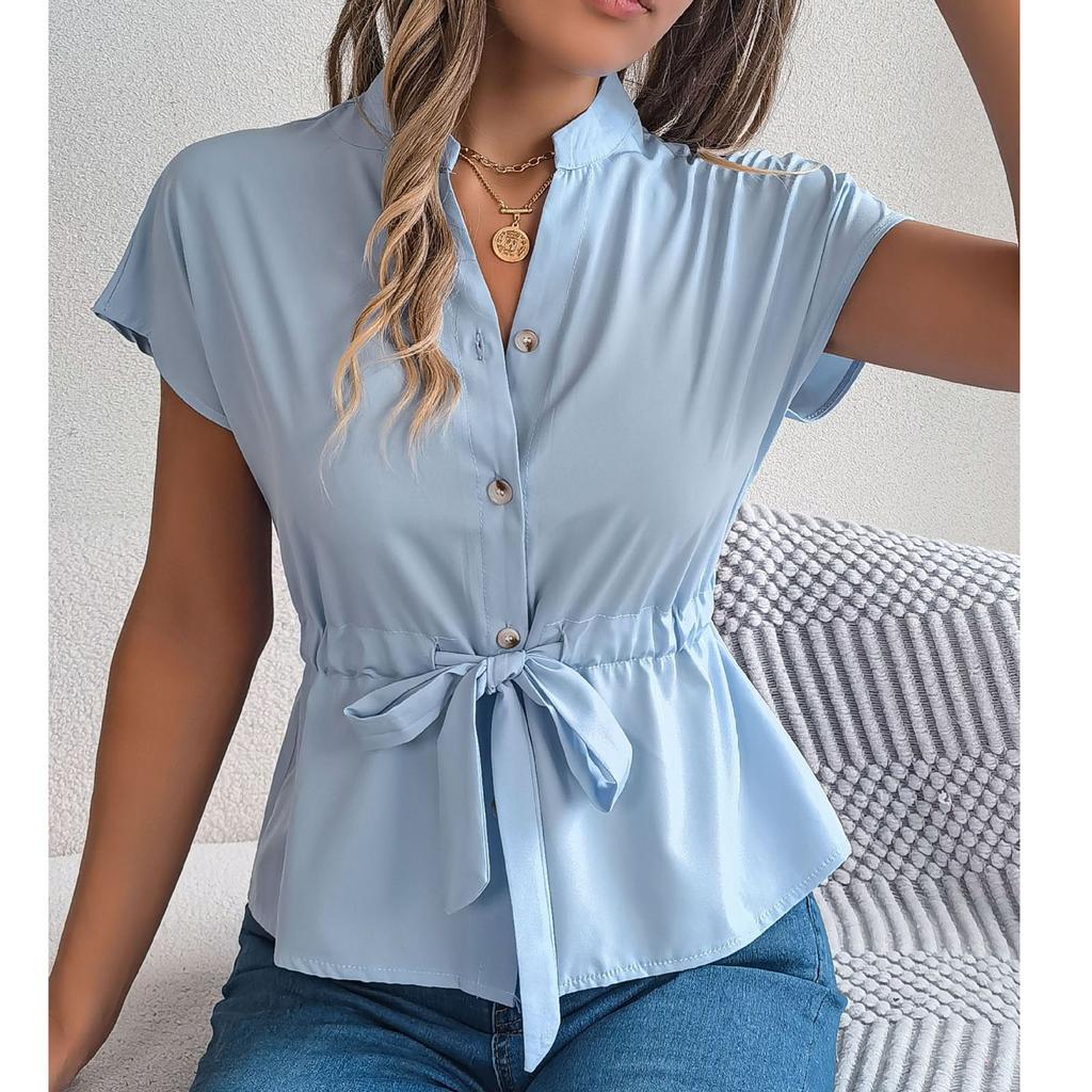 Women's Loose Casual Solid Color Button Drawstring Short Sleeved Shirt Top Short Sleeved Shirt Top