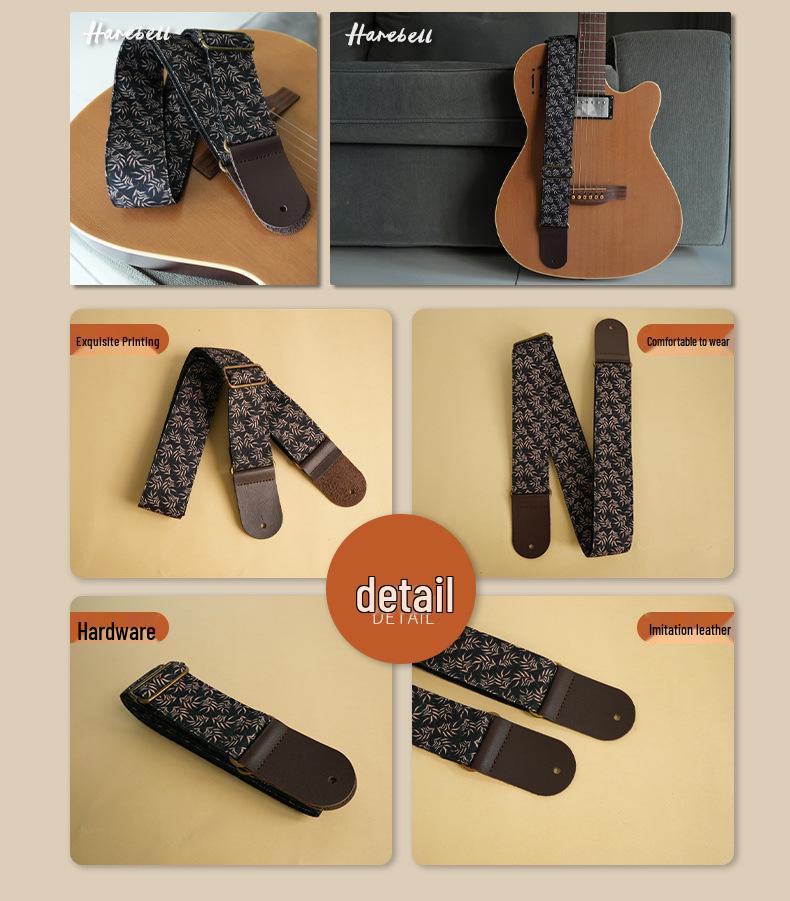 Comfortable Non-Slip Bakelite Guitar Strap with Plant Pattern; Widened Shoulder Support, PO-085 Ink Leaf Initial.