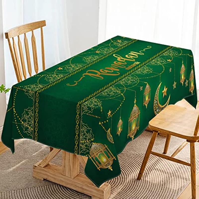 Ramadan Mubarak Tablecloth Islamic Muslim Eid Decoration Gold Star Moon Lantern Kitchen Dining Stain Resistant Tablecloth