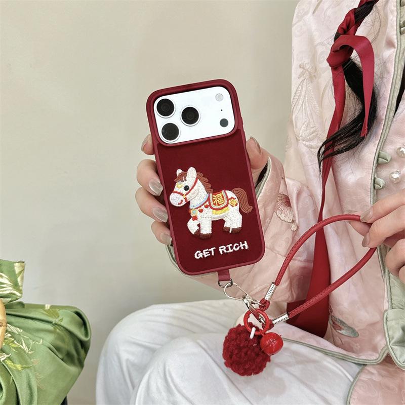 Новогодний вышитый шнурок с изображением лошади Фу для чехла iPhone 17, 16 Pro Max, 15, 14