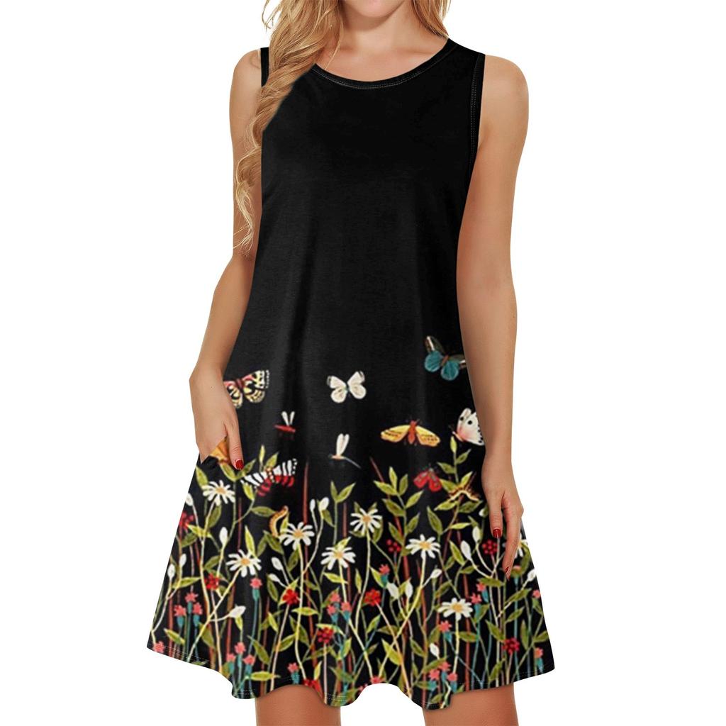 Летнее женское повседневное пляжное платье без рукавов с принтом и круглым вырезом