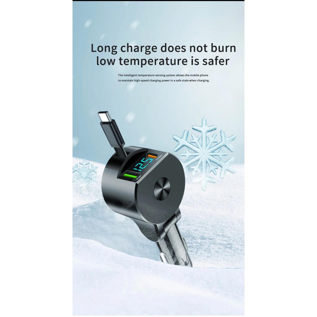 75W 3 In 1 Car Fast Car Phone Charger with Retractable Cable USB Type C Cable Adapter for IPhone Samsung Xiaomi Quick Charger3.0