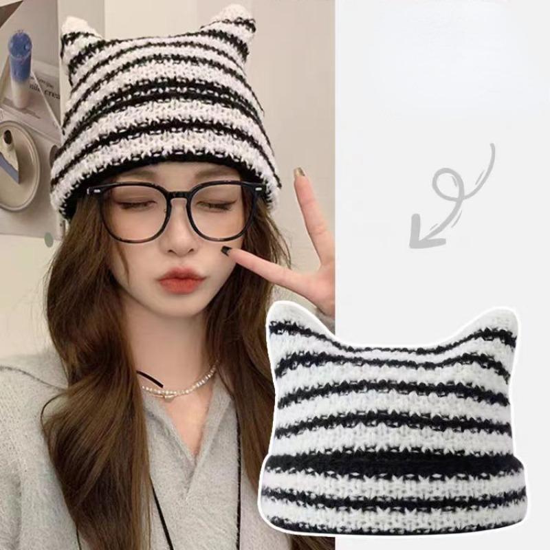 Новая японская уличная одежда Harajuku Beanie Little Devil полосатая вязаная шапка для женщин и девочек осень-зима милая шапка с кошачьими ушками