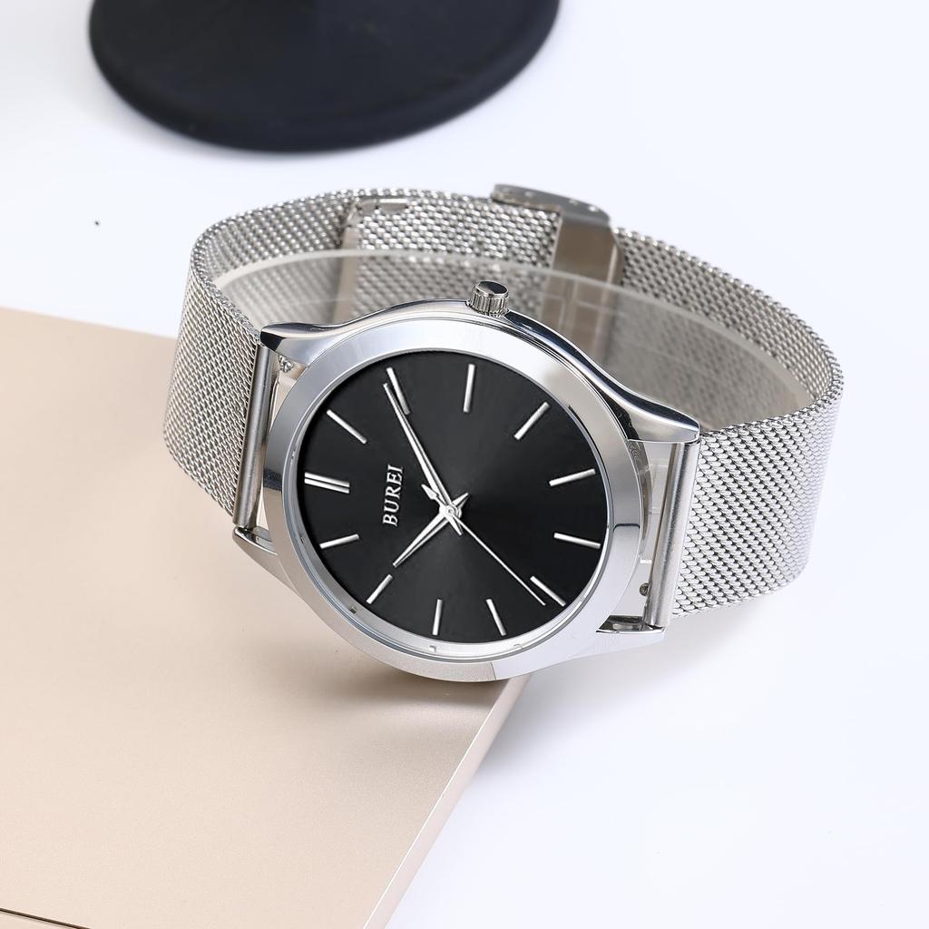 BUREI Analog Quartz Milanese Mesh Strap Stainless Men's Watch, Waterproof, Popular, Slim, Simple, Stylish, Business, Casual, Style, (Black, Silver,