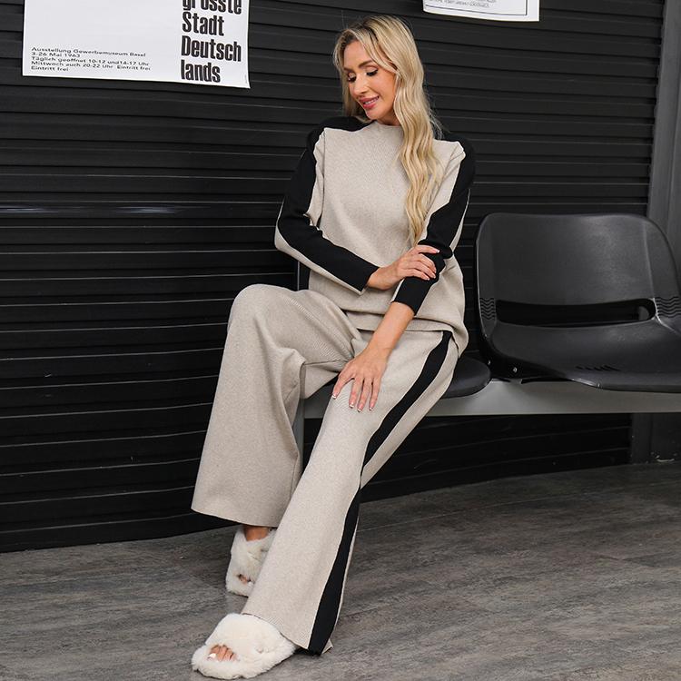 Осенне-зимний женский повседневный вязаный свитер, брюки, комплект из двух предметов, пуловер с длинным рукавом и брюки с широкими штанинами, спортивный костюм