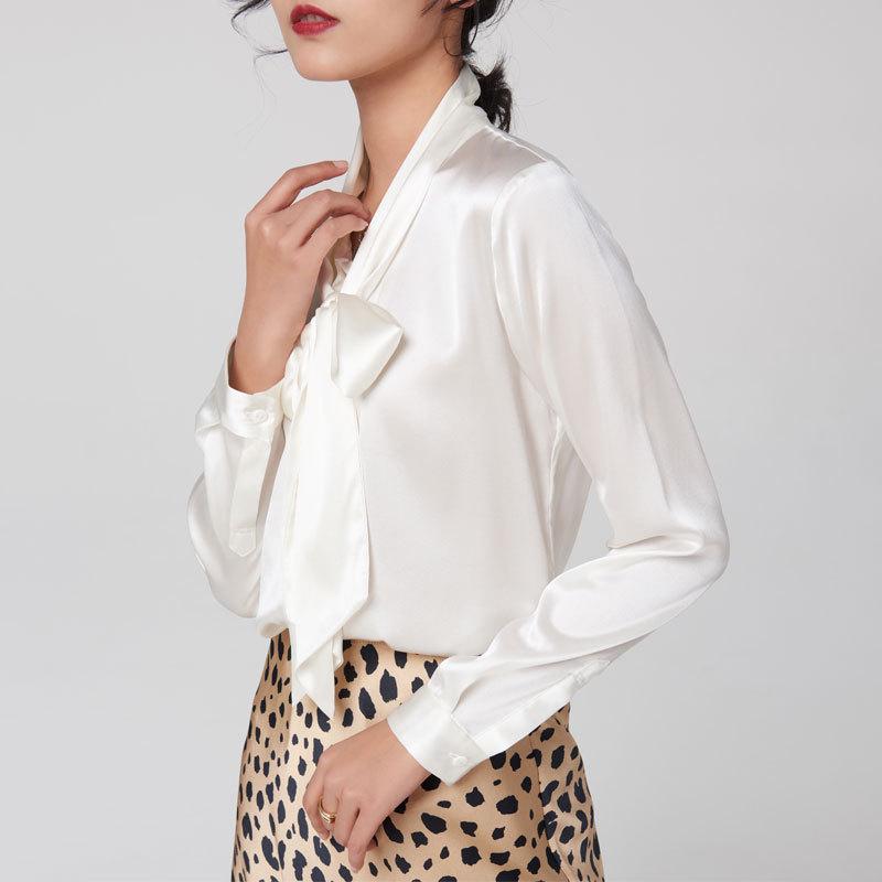 Heavyweight Mulberry Silk V-Neck Bow Blouse - Women's Long Sleeve Shirt for Autumn & Spring