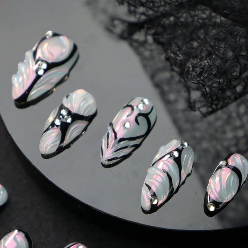 Gothic Style Press-On Nails With Hand-Painted Geometric Lines Black Holographic Effect Almond Shape Women