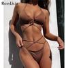 Sexy Halter Ribbed Bikini Women Swimwear Female Swimsuit Two-pieces Bikini Set Wrap Around Bather Bathing Suit Swim