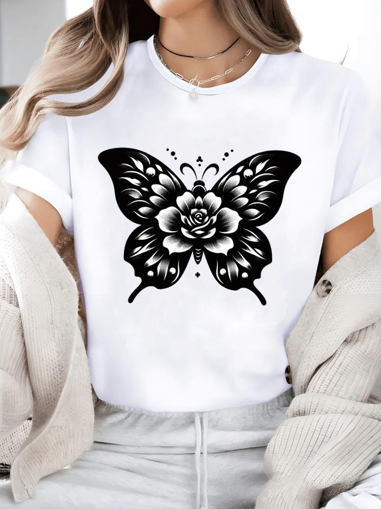 (Asian Size) Print Short Sleeve T-shirts Flower Style 90s Fashion O-neck Female Casual Women's Top T Clothing Graphic Tee