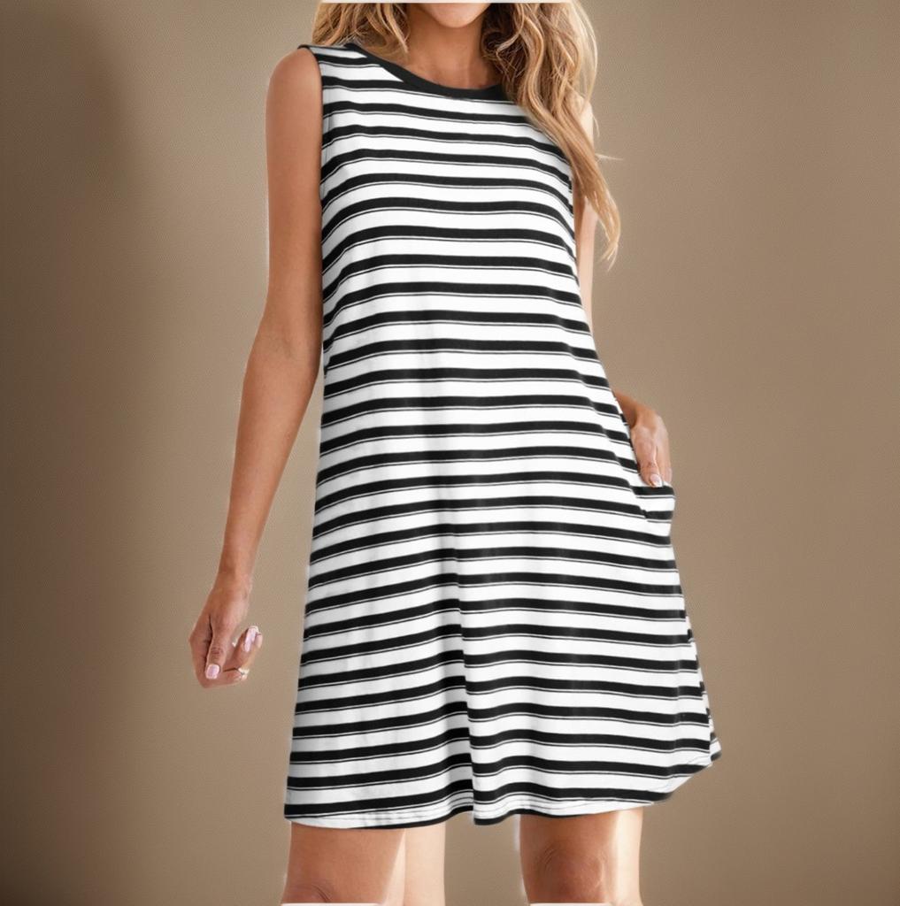 Женское свободное удобное повседневное и модное платье без рукавов в полоску и клетку