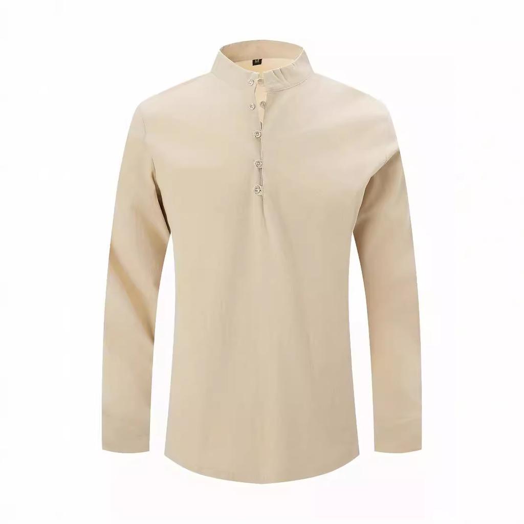 Новая мужская винтажная хлопковая льняная однотонная повседневная рубашка с длинным рукавом и воротником-стойкой, мужская одежда
