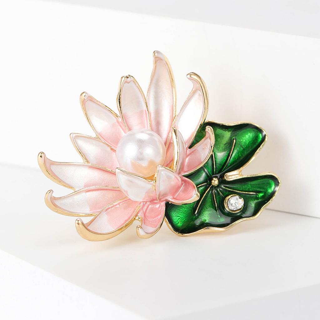 Fashion Pink Flower Brooches Women Simulated Pearl Classic Beauty Water Plants Party Office Brooch Pins Gifts