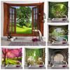 Home Bedroom Living Room Decoration Scenery Tapestry Wall Hanging Tree Hole Window Beautiful Green Forest Background Cloth