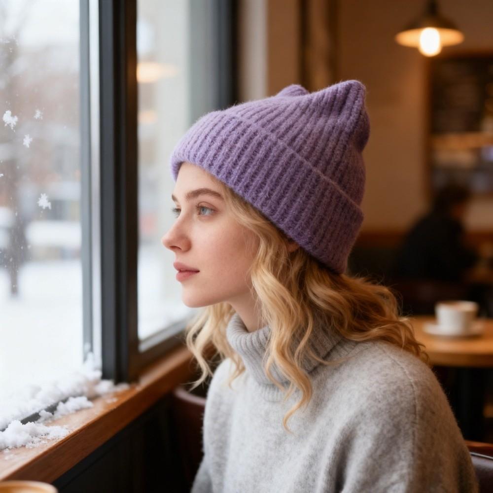 Warm Cat Ear Knitted Hat Solid Color Beanies Hat Ear-Protecting Wool Hat Ear Protection Hat