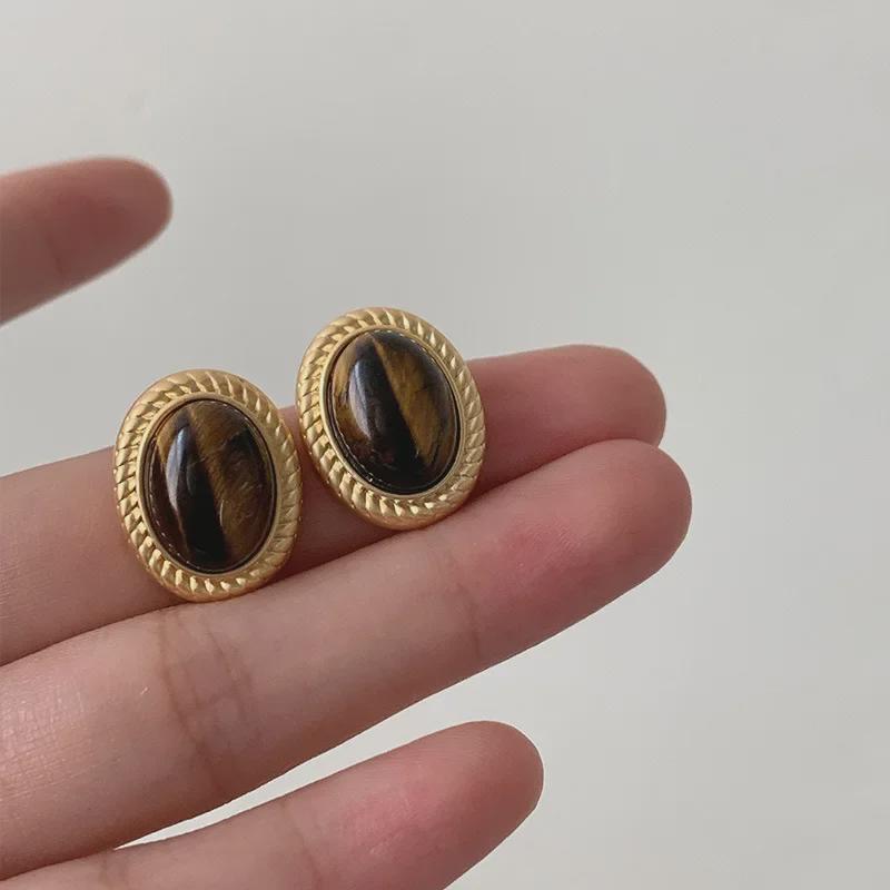 Серьги-иглы из серебра 925 пробы в стиле ретро с французским тигровым глазом — элегантный нишевый дизайн для женщин.