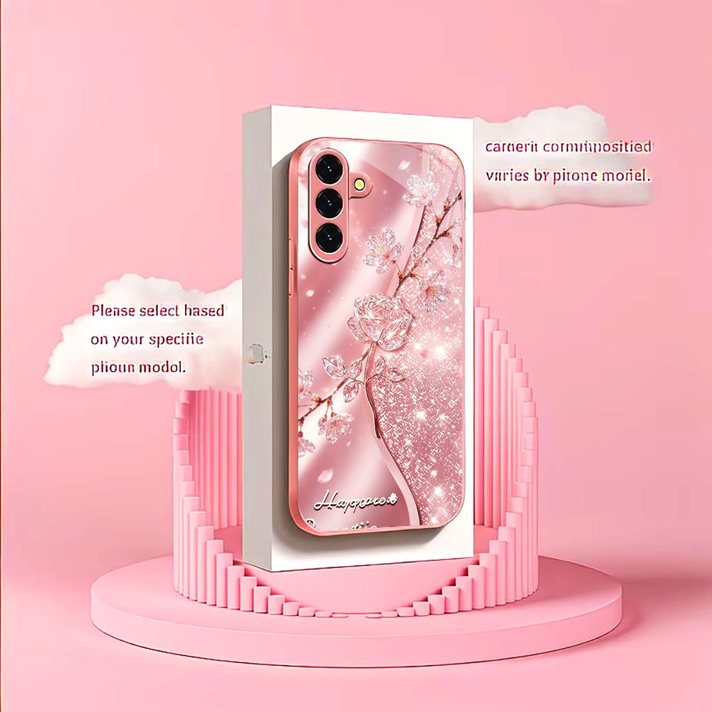 Pink Glitter Crystal Rose phone case s26 ultra case quad lock glass for Samsung Galaxy S26 S25 S24 S23 S22 FE Ultra Plus