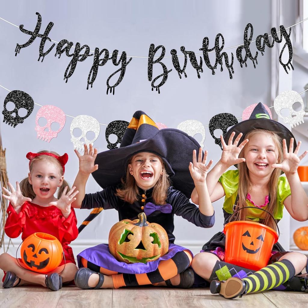 Pink Skull Halloween Happy Birthday Banner for Girl Glitter Skull Garland Banners for Pink Halloween Birthday Party Decorations