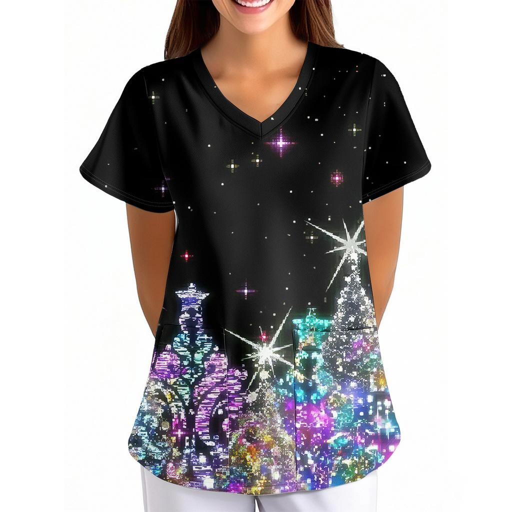 Большой размер Принтованный скраб Рабочая униформа Топы для женских V-образный вырез с запахом Принт Короткий рукав Веселые футболки Рабочая одежда Футболка с карманами