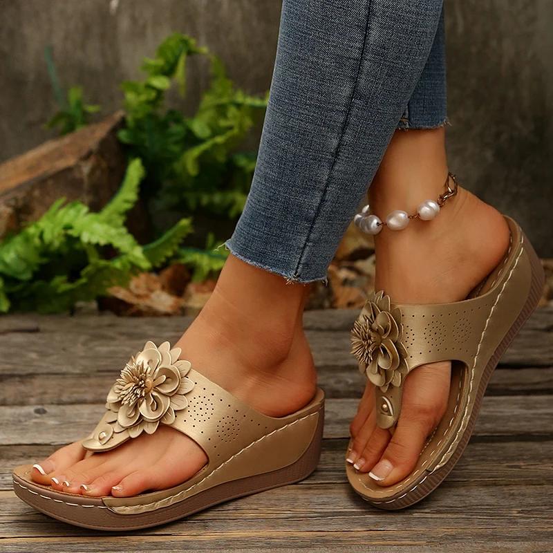 Fashion Big Floral Clip Toe Sandals Women Summer 2025 Comfortable Soft Sole Wedge Heels Slides Woman Casual Plus Size 43 Slippers Mujer