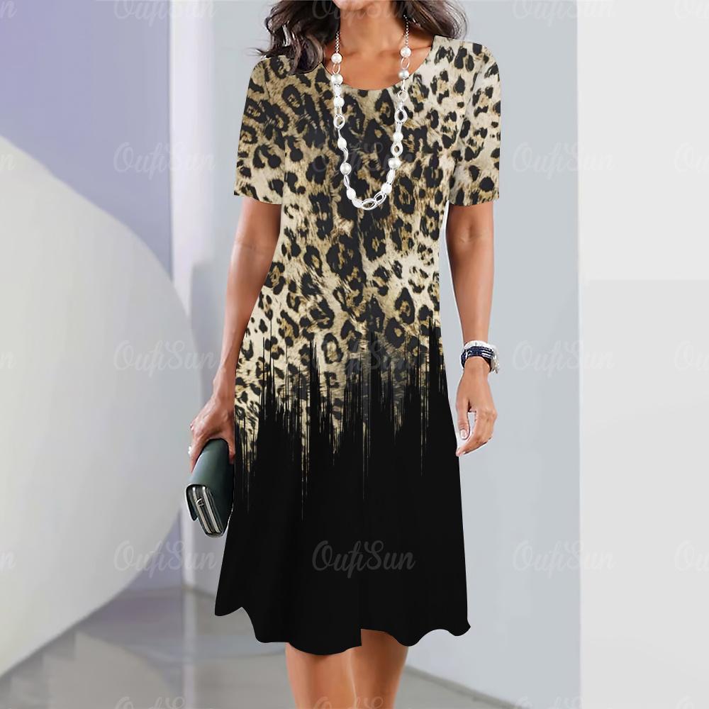Женская мини-юбка с леопардовым принтом, модные летние платья до колена, уличные элегантные игривые платья 2023 года с круглым вырезом, женские топы, пуловеры