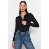 Black Zipper Collar Detailed Stretchy Knitted Bodysuit With Snap Fasteners Twoaw24bd00005