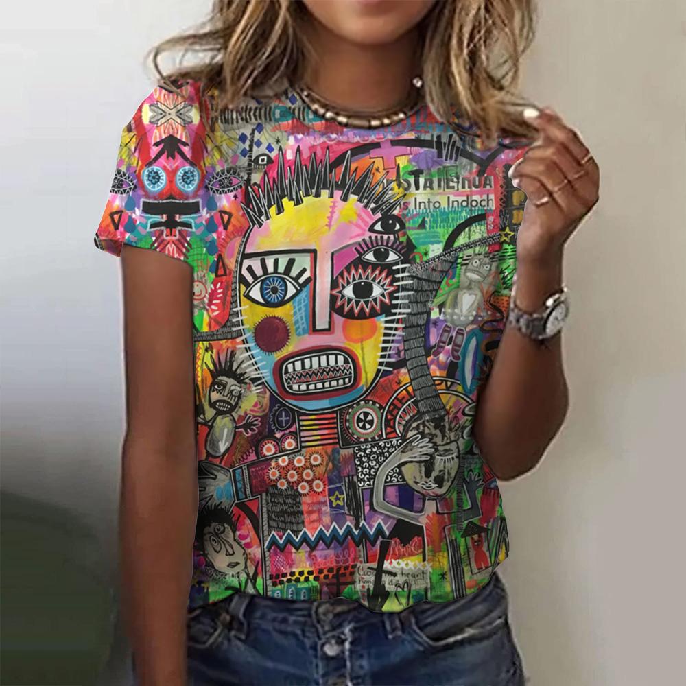 Летний топ с круглым вырезом и 3D абстрактным принтом граффити, модная повседневная женская футболка с коротким рукавом