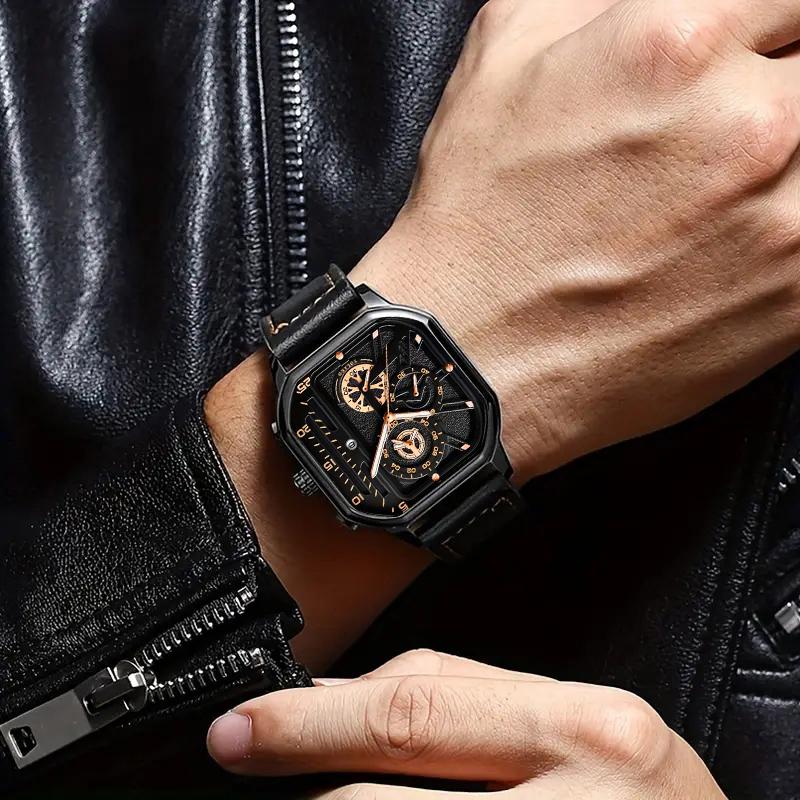3-Piece Men's Business Casual Watch Set: Fashion PU Leather Quartz Watch, Bracelet & Necklace Gift Set