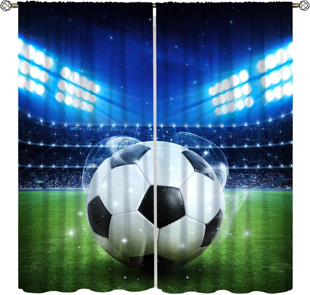 Soccer Curtains Green Field Lights Bleachers Show Moments Ball Games Color Illustrations Window Treatments Boys Teens Bedroom