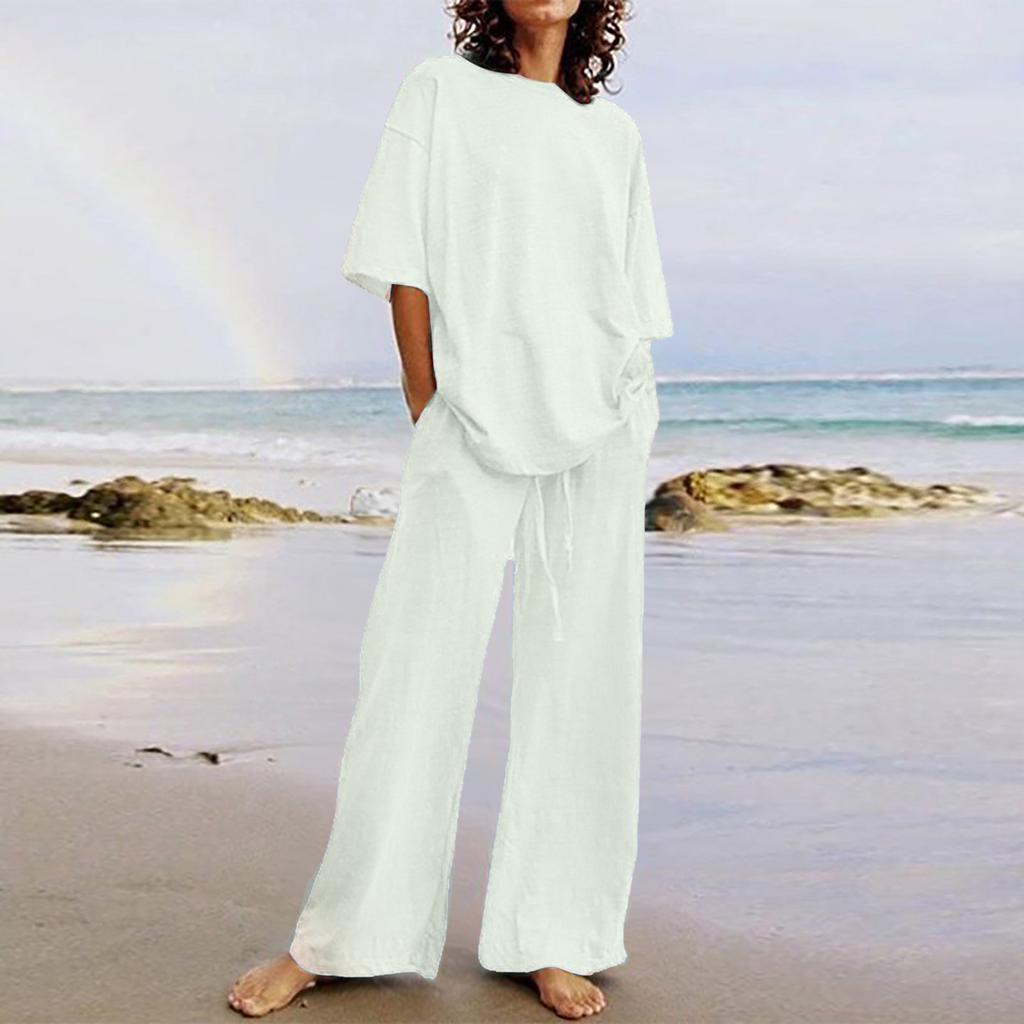 Модный женский летний повседневный костюм из двух частей с поясом и карманами, блузка с короткими рукавами и широкими брюками