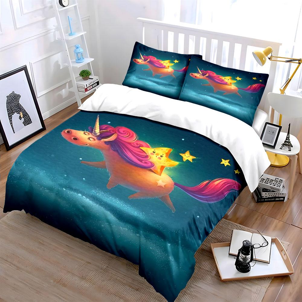 Unicorn and Starry Night Set Bedding Duvet Cover Set Duvet Cover Pillowcases (1 * Duvet Cover 2 * Pillowcases, without duvet insert)