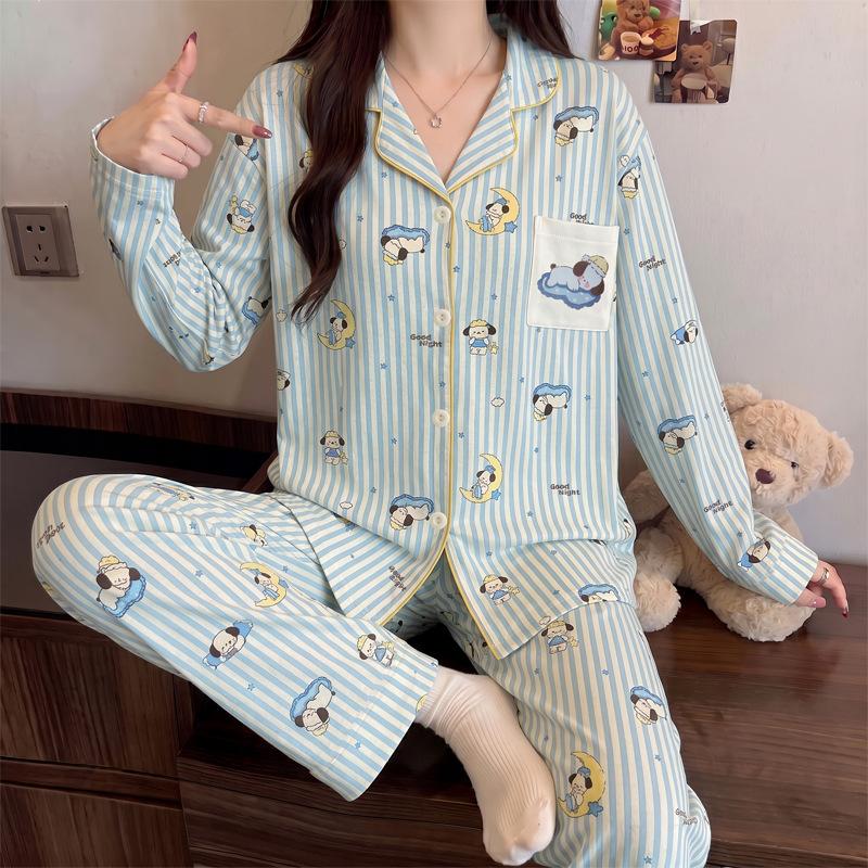 Good night bear pure cotton pajamas women's new spring and autumn long-sleeved sweet polka dot loungewear cotton suit